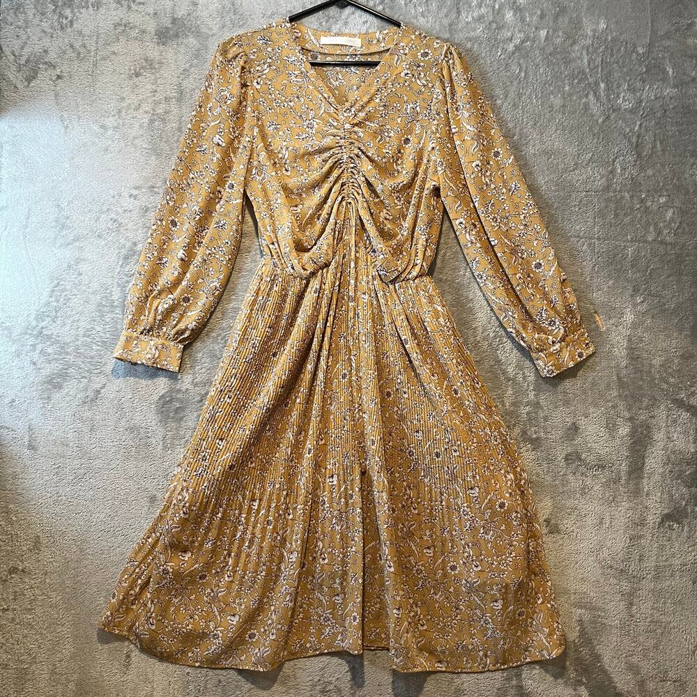 Floral Midi Dress Yellow Ruched Front Pleated Skirt Cottagecore Indie Feminine M